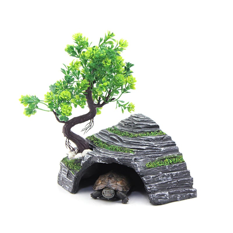 OMEM Reptile Box Shelter Terrarium Hideout Caves Turtle Ramp Basking Platform Habitat Decor Humidify Hide Cave Resin Rock - Image 1